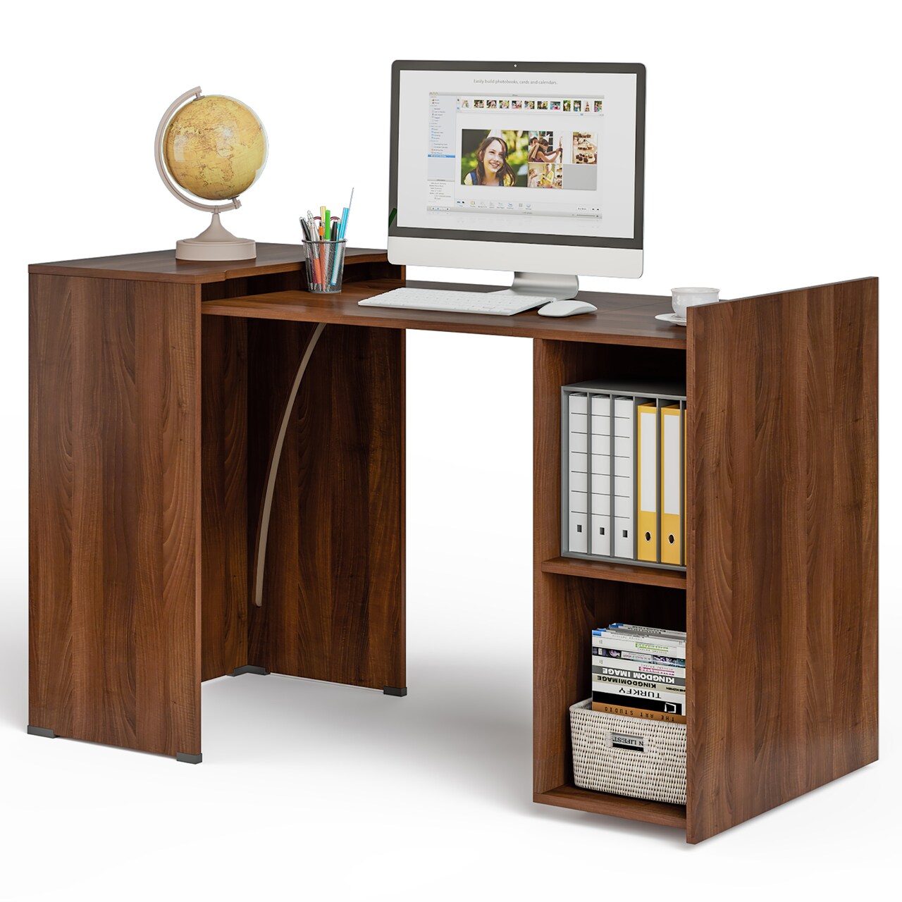 Costway Extendable Computer Desk Reversible Study Writing Desk w/ Mobile Shelves Natural/Brown